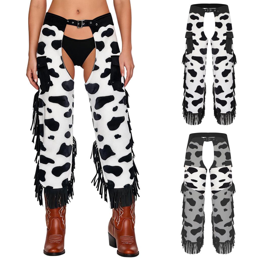 Cowboy Fringe Chaps Pants Cow Pattern Flannel Tassel Patchwork Adjustable Waist Trousers for Men Western Vintage Party Outfit