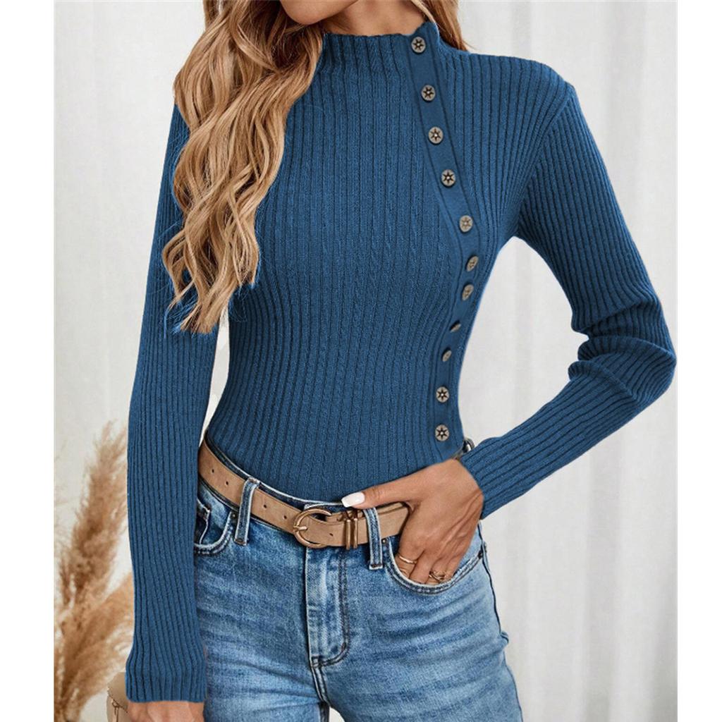 Dame Casual Ensfarget Slim Fit Strikket Genser Langermet Basisgenser Genser