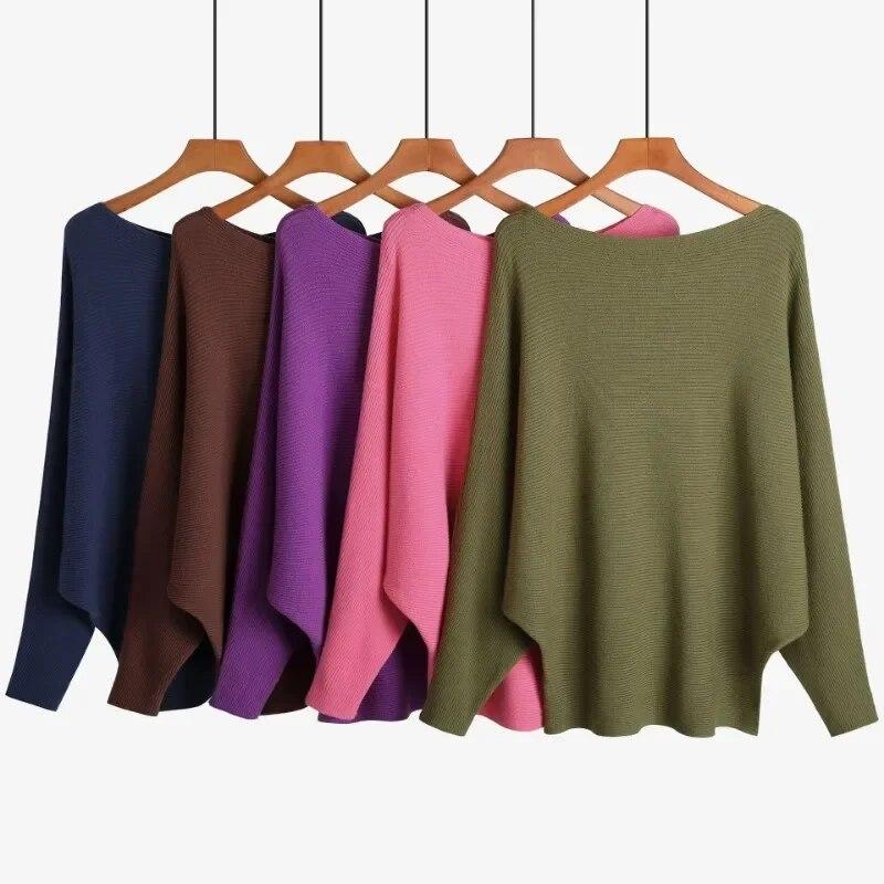 Autumn Batwing Long Sleeve Knitted Sweater Casual Slash Neck Solid Warm Pullover Fashion 18 Colors Loose Jumpers Tops