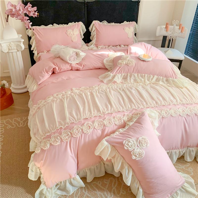 4Pcs Korean Princess Style Flowers Lace Ruffles Bedding Set Queen King Duvet Cover Bed Skirt/Bed Sheet/Fitted Sheet Pillowcase