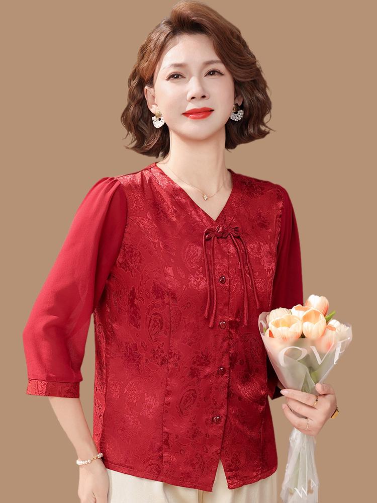 Fashionable 2026 Chinese Style Seven-Sleeve Chiffon Blouse for Middle-Aged & Elderly Women