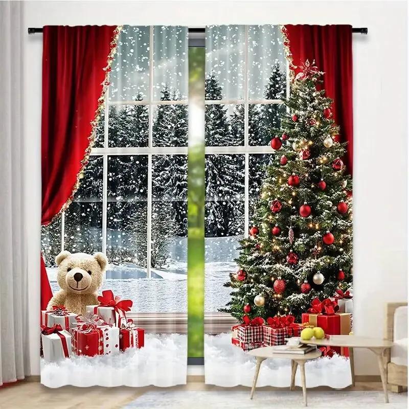 Snow Scene Tree Pattern Printed Curtains Christmas Decorations Home Room Curtain Set Of 2 Made Polyester Washable