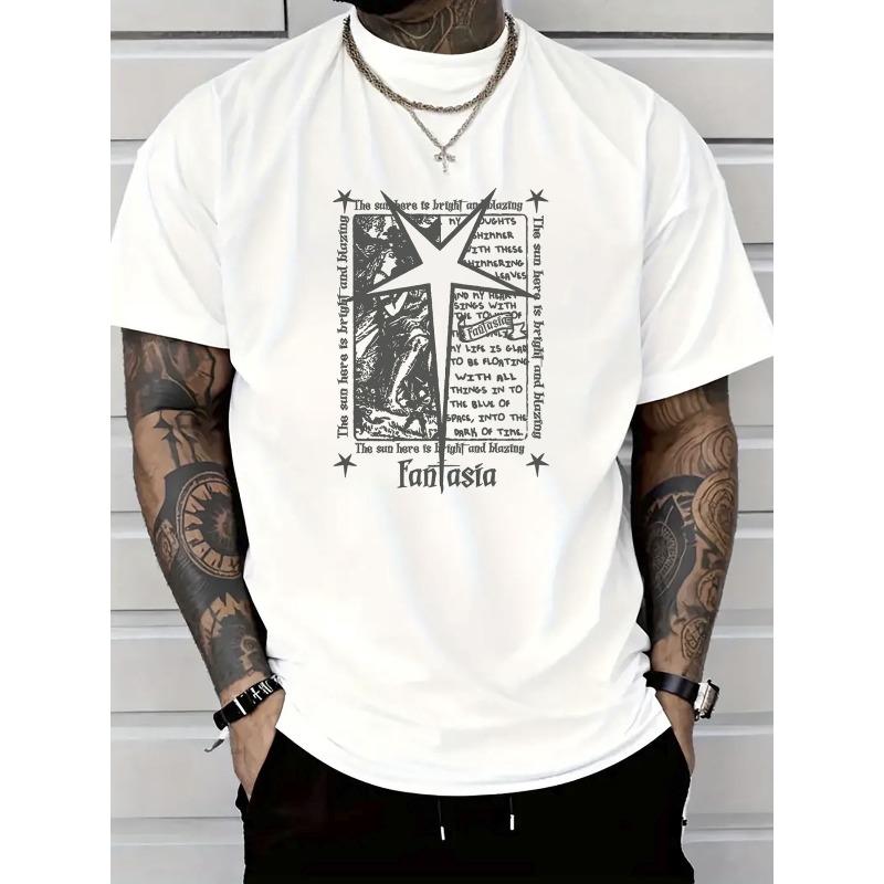 Европейские размеры Мужская хлопковая футболка большого веса - Белая футболка с круглым вырезом и графикой звезды спереди - Мягкий повседневный топ в уличном стиле для повседневной одежды S белый