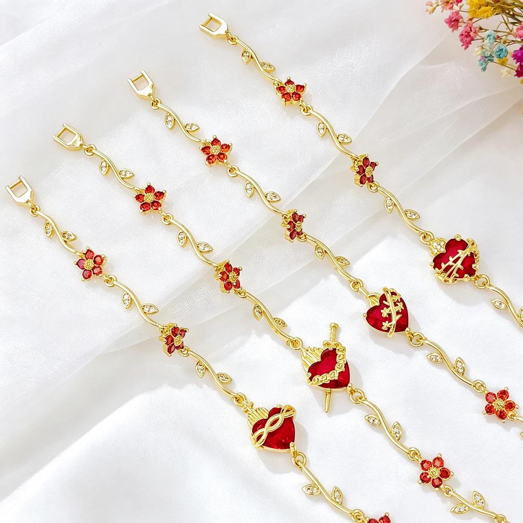 New Design Flower Chain Heart Shaped Crystal Cross Bracelet Lucky for Women Girls Daily Party Jewelry Birthday Gifts