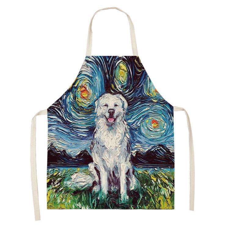 Schürze im Ölgemälde-Stil, Sternenhimmel-Hintergrund, Hund, Leinen, Baumwolle, kreative Eltern-Kind-Schürze, Familienküche