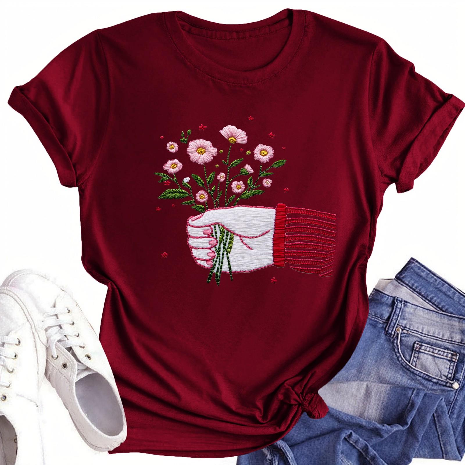 

Футболки з короткими рукавами для жінок Модні топи Легкий м’який повсякденний літній одяг Одяг L винний