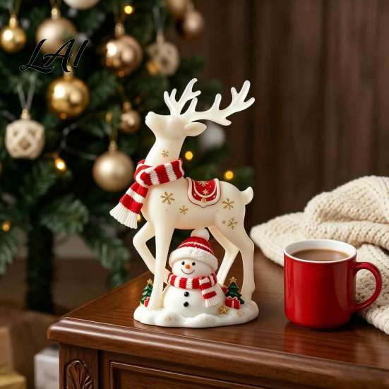 Christmas Table Figurine, White Snowman Resin Decorations Reindeer Deer Statue with Red Scarf, Cute