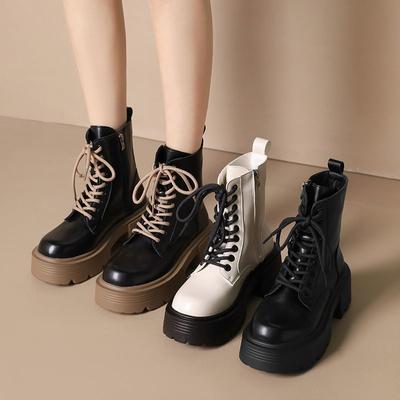 Scarpe Autunnali con Plateau Stile Britannico da Donna Moda Stringate Punta Rotonda Stivaletti alla Caviglia da Donna Tacco Grosso Stivaletti Corti da Donna