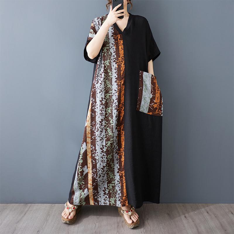 

Dimanaf 2025 Плюс Размер Лето Женское Длинное Платье Оверсайз Винтаж Базовый Карман V-образный Вырез Повседневный Печать Свободное Платье One Size чёрный