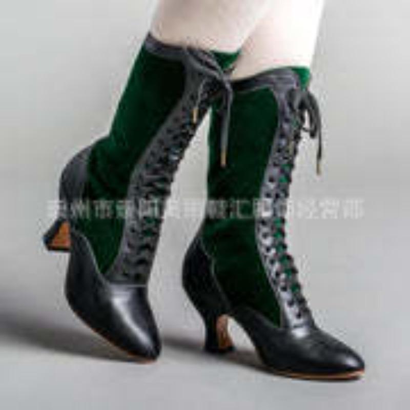 Women's Party Mixed Colors Mid-Calf Boots Pointed Toe Square Heel Lace Up Women Shoes Elegant Retro Fashion Boots Large Size 43