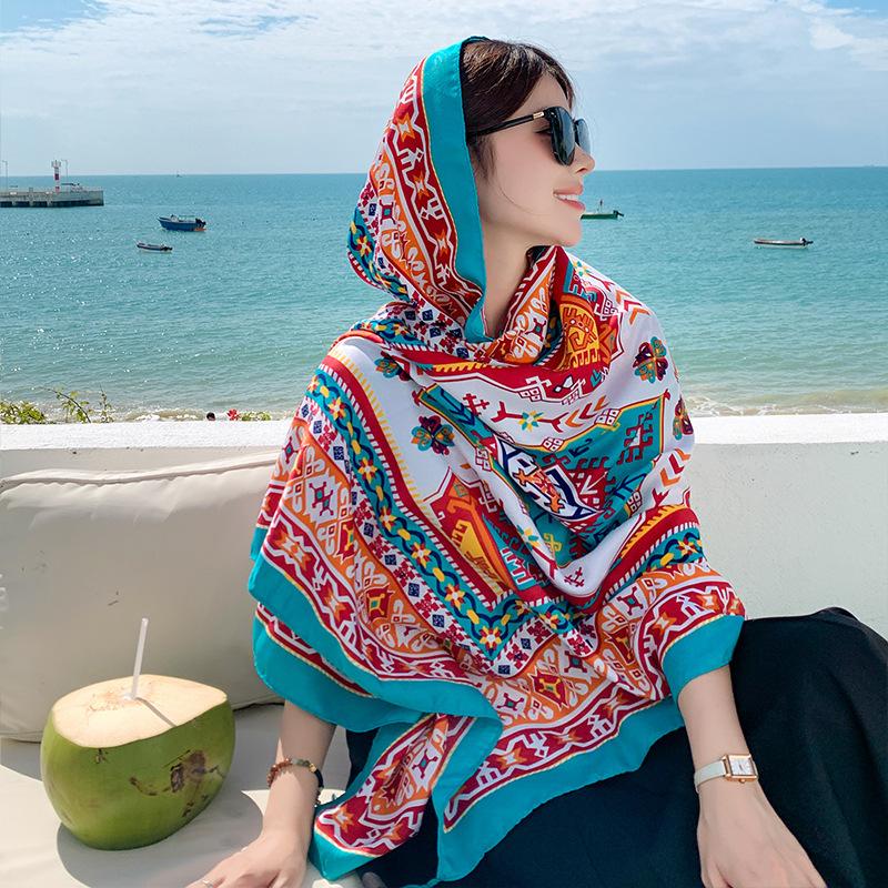 Summer Vintage Elegant Women Silk Scarf Beach Wrap Shawl Floral Print Lady Sunscreen Bandana Hijab Mujer Bohemian Scarve Pareo