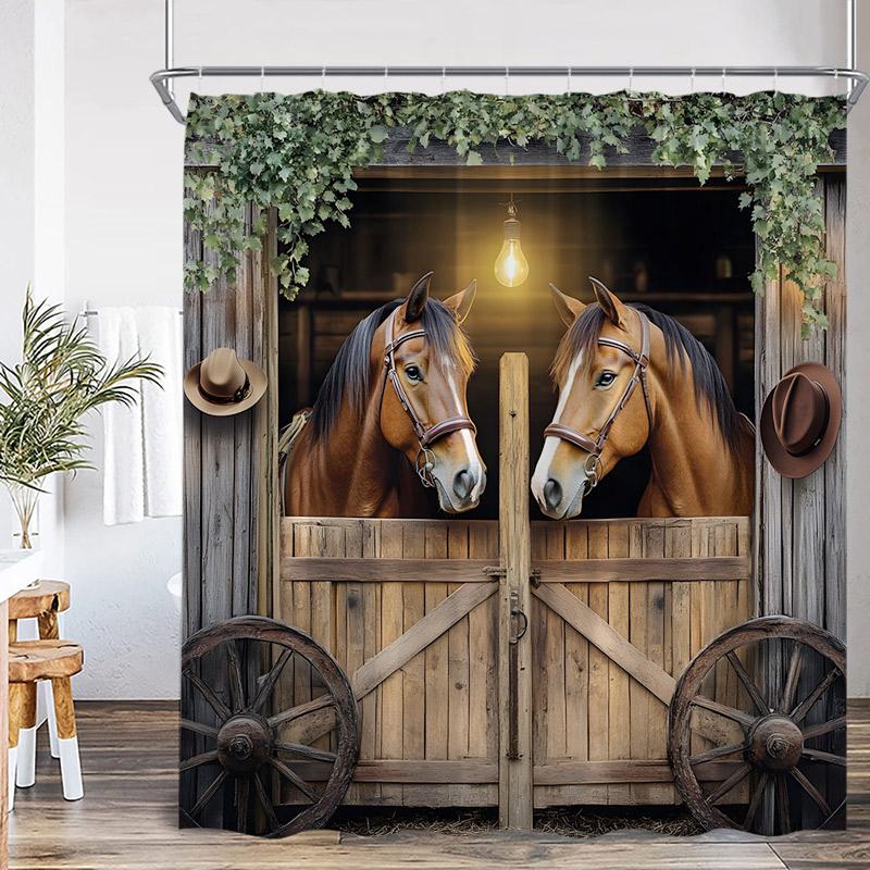 Western Barn Horse Shower Curtains Sunflower Lavender Floral Farmhouse Wooden Door Farm Animal Bathroom Curtain Decor with Hooks