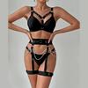 Women's Metallic Chain & Bandage Style Bra Set, Push-Up Corset with Steel Ring for Queen Role Play, Black and Blue