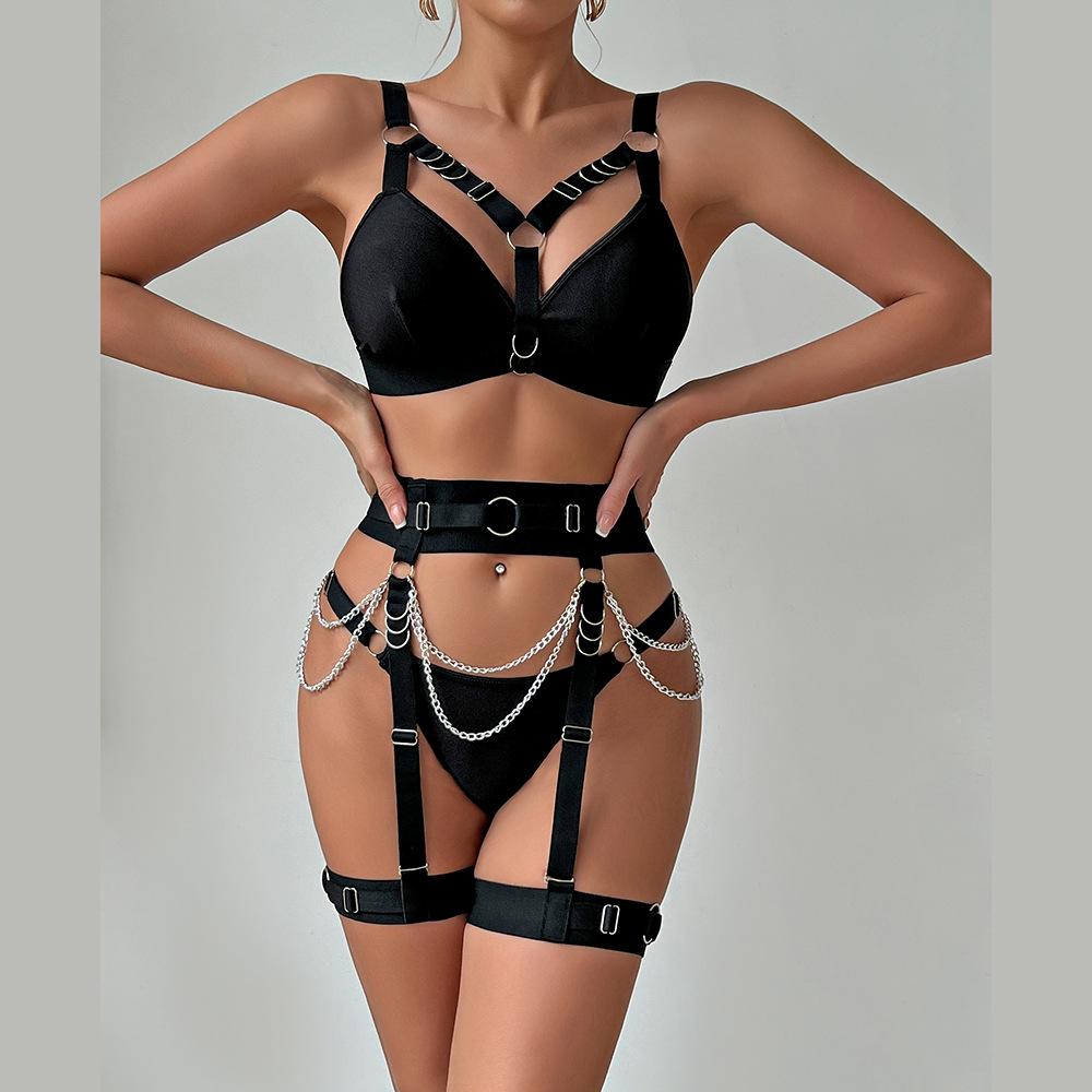 Women's Metallic Chain & Bandage Style Bra Set, Push-Up Corset with Steel Ring for Queen Role Play, Black and Blue