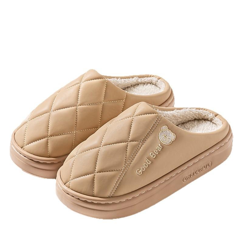 PU Leather Cotton Slippers Waterproof, Non-slip, Warm and Wear-resistant Thick-soled Cotton Tow Couple Home Indoor Velvet Cotton Shoes