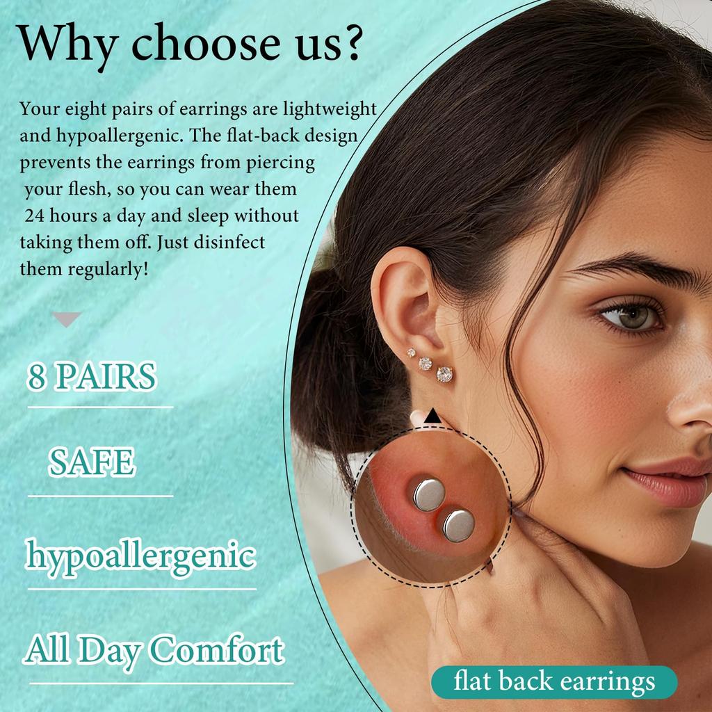 8 Pairs Hypoallergenic Stud Hoop Earrings Set for Women Men Surgical Steel Seamless Earrings,Dainty Small Flat Back Earrings