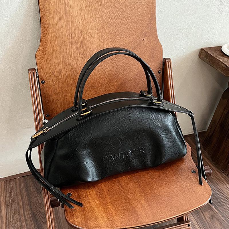 

Autumn Winter Ladies Handbag Large Capacity Bowling Bag Casual Shoulder Bag Vintage Style Brown Leather Handbag CLE 36x11x18cm