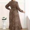 Women's Plus Size Leopard Print Maxi Dress V Neck Long Sleeve Waist Tie Loose Fit Casual Long Dress 1XL-5XL