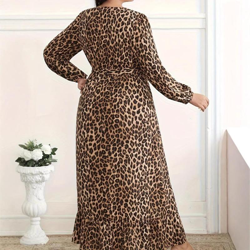 Women's Plus Size Leopard Print Maxi Dress V Neck Long Sleeve Waist Tie Loose Fit Casual Long Dress 1XL-5XL