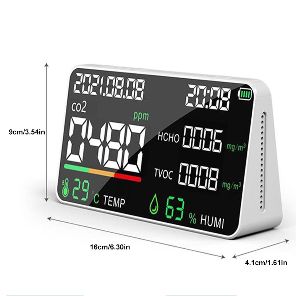Portable Air Quality Monitor Room Temperature Humidity Meter USB Rechargeable Gas Analyzers Multifunctional 7IN1 Clock for Home Office Digital Display