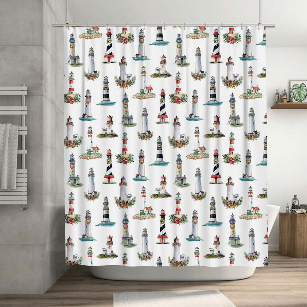 Cozy Bath Time: Stylish Lighthouse Pattern Shower Curtain For Your Bathroom Decorations Modern Design Waterproof Fabric Home Dec