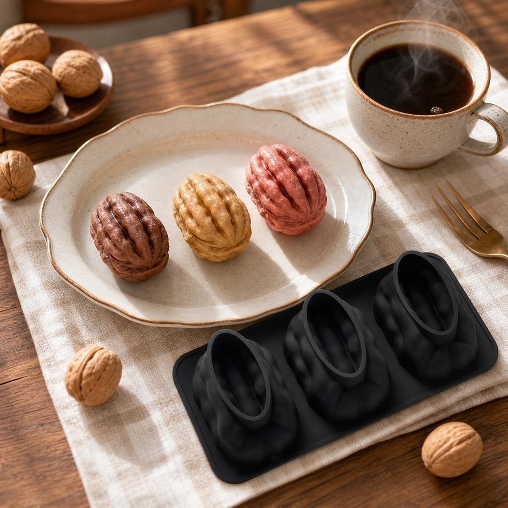 3 Cavity Walnut Shaped Silicone Mousse Cake Mold Food Grade Non Stick Flexible Baking Mold for Pastry Chocolate Jelly Dessert