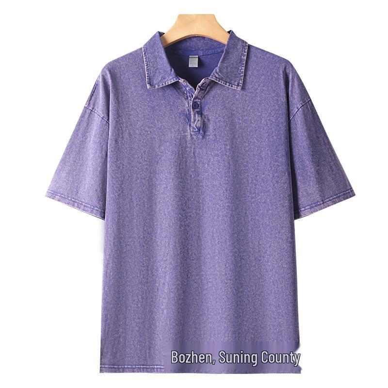 240g Retro Distressed Cotton Polo Shirt - Short Sleeve, Casual Loose Fit M