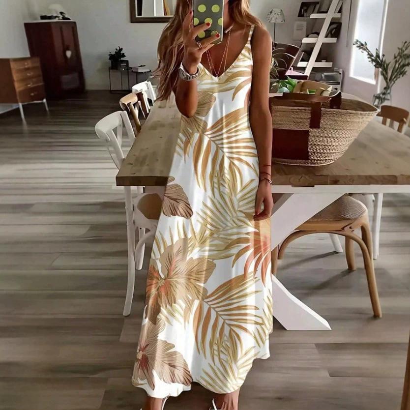 Women's pink brown tropical leaf print suspender long dress V-neck loose drape sleeveless vacation beach looking thin and long