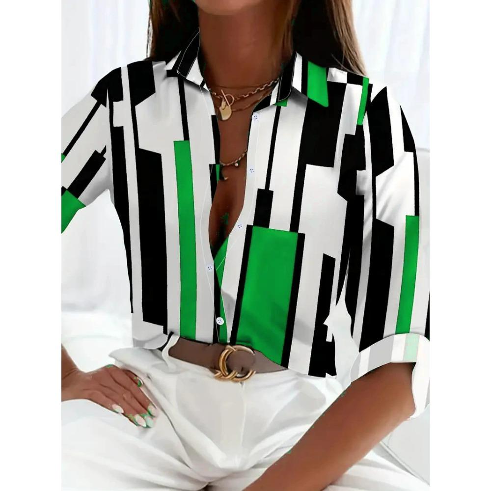 Fashion Plaid Striped Women Long Sleeve Shirts All Season D Printed Street Trend Ladies Blouse Casaul Shirt Women Clothing