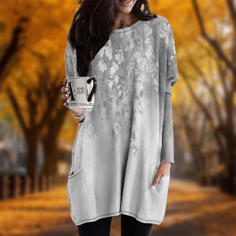 Neu Herbstlich Frischer Kleiner Blumenprint Übergröße Kleid Damen O-Ausschnitt Lange Ärmel Lässig Taschenkleider