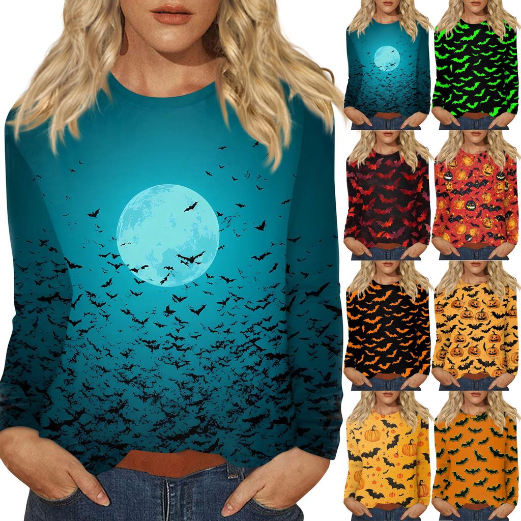 Dámská módní ležérní halenka s potiskem Halloweenu, s kulatým výstřihem a dlouhým rukávem