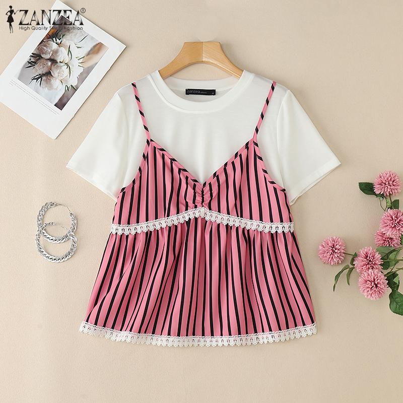 ZANZEA Women Casual Round Neck Stripe Patchwork Summer Short Sleeve T-Shirts