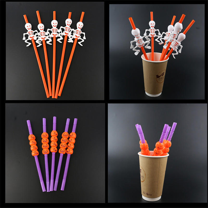 Halloween Cartoon Skull / Pumpkin Straws Halloween Holiday Bar Party Decor Home Party Decor 5pcs