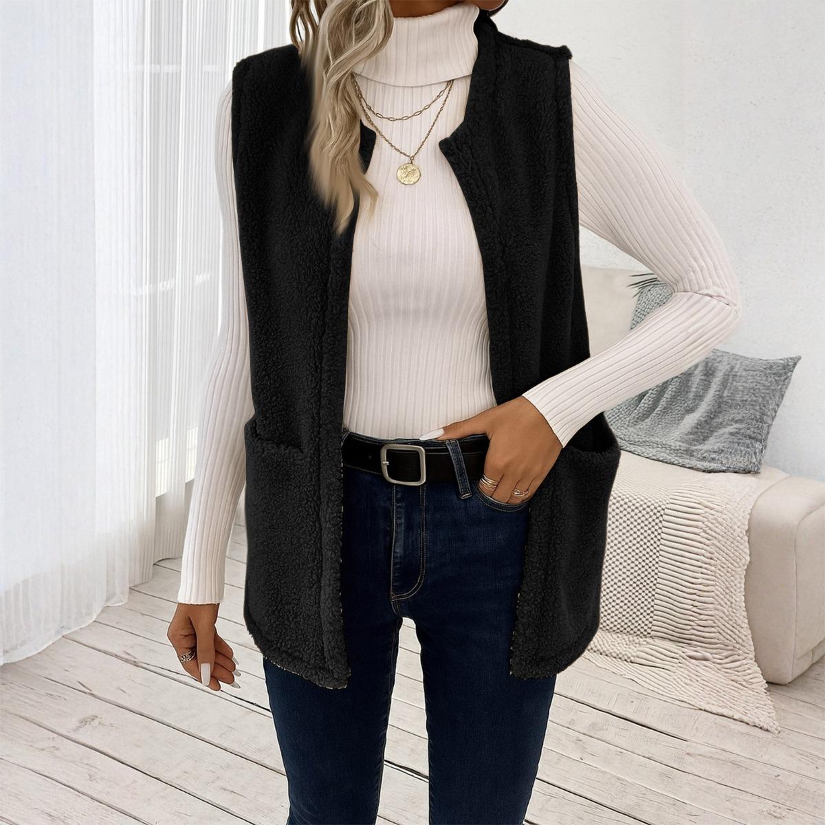 Fall Winter New Tweets Style Casual Fleece Warm Thick Warm Vest, Versatile Outerwear for Women In Stock S чёрный