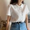 Korean Sle Summer Lace Design Thin Short Sleeve Doll Collar Blouse Anti-Aging Women's Fashion Shirt Pure Color Commute