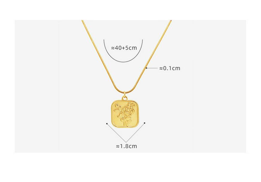 French Retro Rose Pendant Necklace - Gold Plated Stainless Steel Square Design with Clavicle Chain