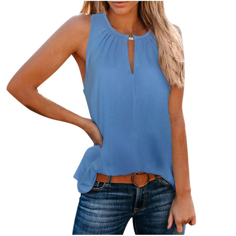 VEZFAA Women's Fashion Casual Summer Spring Solid Color Print Sleeveless V-Neck Blouses & Shirts
