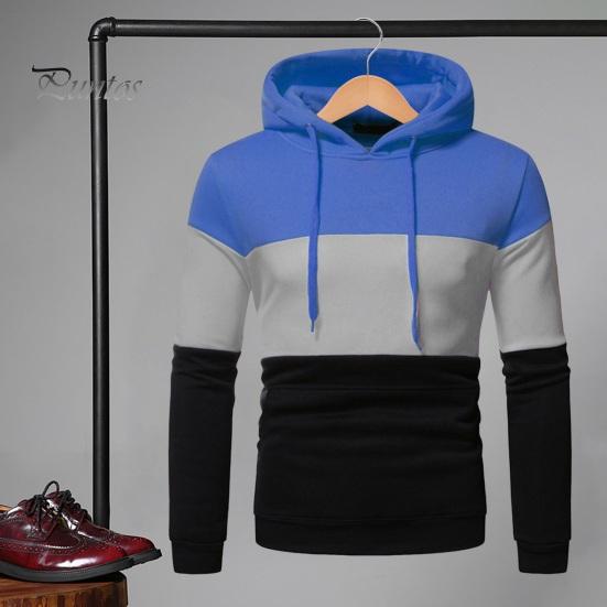 Men Fall Winter Hoodie Colorblock Drawstring Long Sleeves Big Pocket Hooded Retro Thin Loose School Daily Wear Casual Sport Top