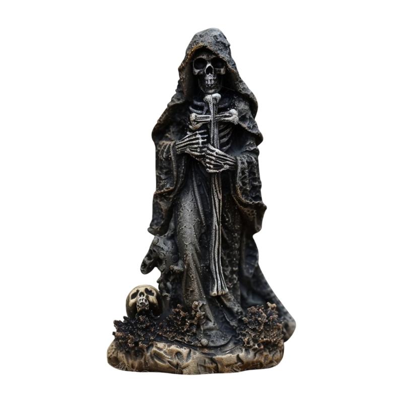 Dunkle Kapuzen-Totenkopf-Figur zur Regaldekoration, 15 cm hoch, saisonaler Raumakzent für Eingangsbereich, Wohnzimmer und Party-Dekoration