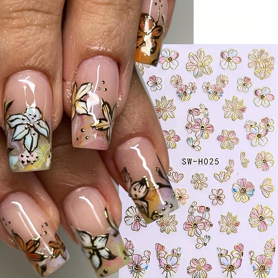 5D Nail Stickers Glitter Golden Dasiy Flowers Geometric Lines Decor Acrylic Embossed Sliders Golden Frame Spring Nail Decals Cherry Blossom Manicure