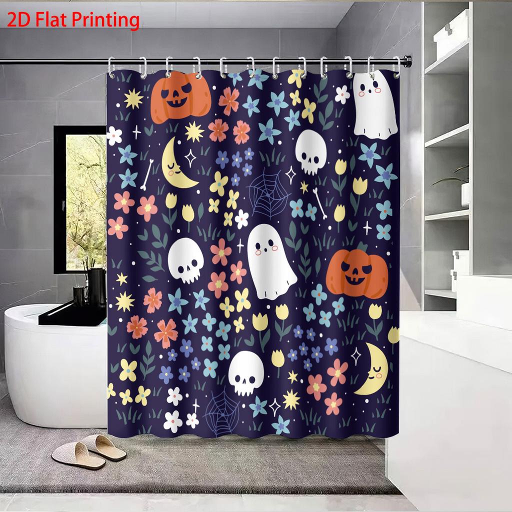 1Pc Halloween Colored Ghost Print Waterproof Shower Curtain Bathroom Partition Privacy Multiple Sizes 12 Hooks Easy To Install