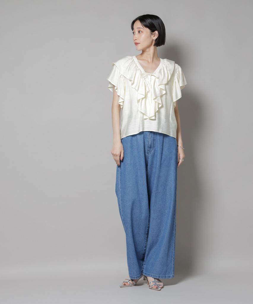 Nano Universe Frill Detail Front Size F Women's Lace-Up Blouse, Ivory, 037, 673-5221307