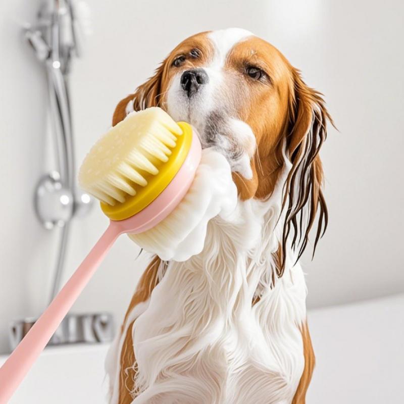 2-In-1 Long Handle Pet Bath Brush - Soft/Hard Bristles & Double-Sided Exfoliating Grooming Tool For Dogs & Cats Showering