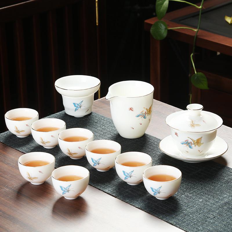 Company event business gifts, printed mutton fat jade porcelain Kung Fu tea set set, home gift gift