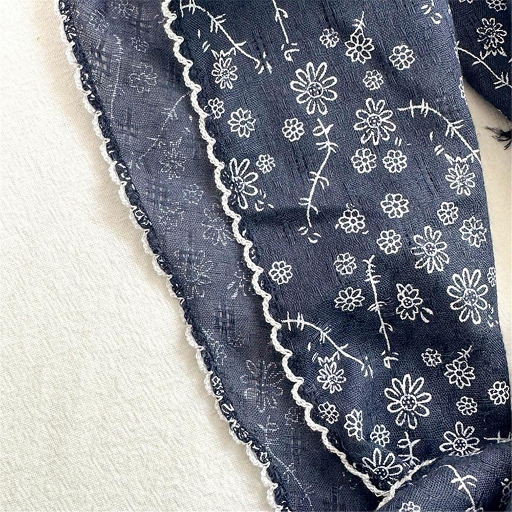 Lightweight Floral Triangle Scarf Korean Style Thin Vintage Neck Scarf Head Wrap Breathable Cotton Linen Scarf for Women