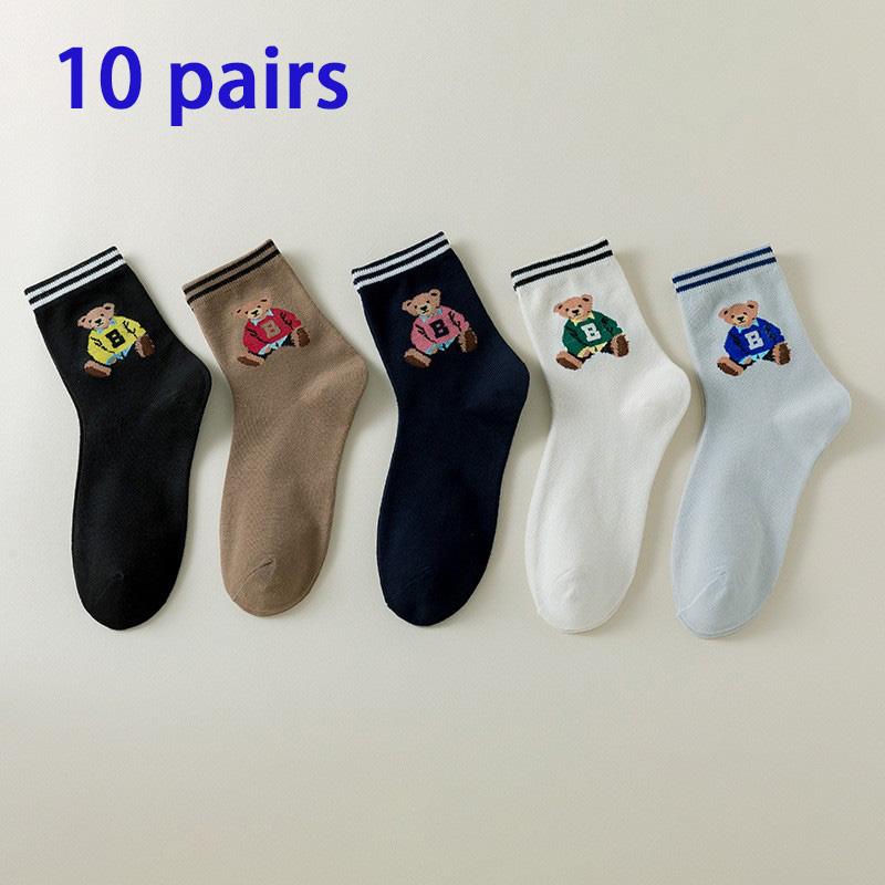 10 Pairs of WOMEN'S Cotton Socks, Casual Breathable Short Socks, and Girls' Cartoon Bear Low Cut Ankle Boat Socks