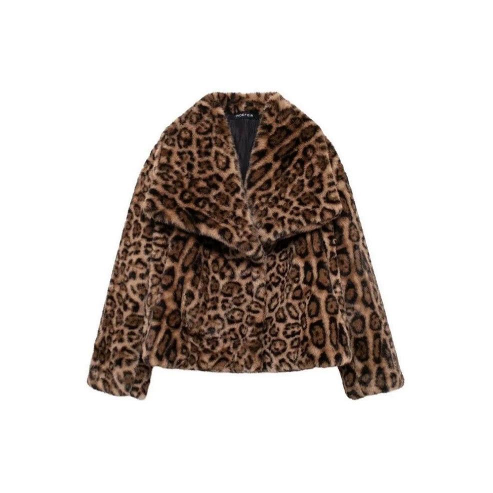 Vintage European and American style large lapel collar mink hair jacket female leopard print large lapel imitation fur coat casual < unk >