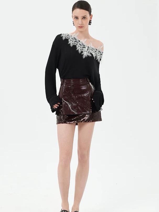 Niche Design Sequin A-line Wine Red Leather Skirt 2026: Women's Slimming Spring/Summer Fashion