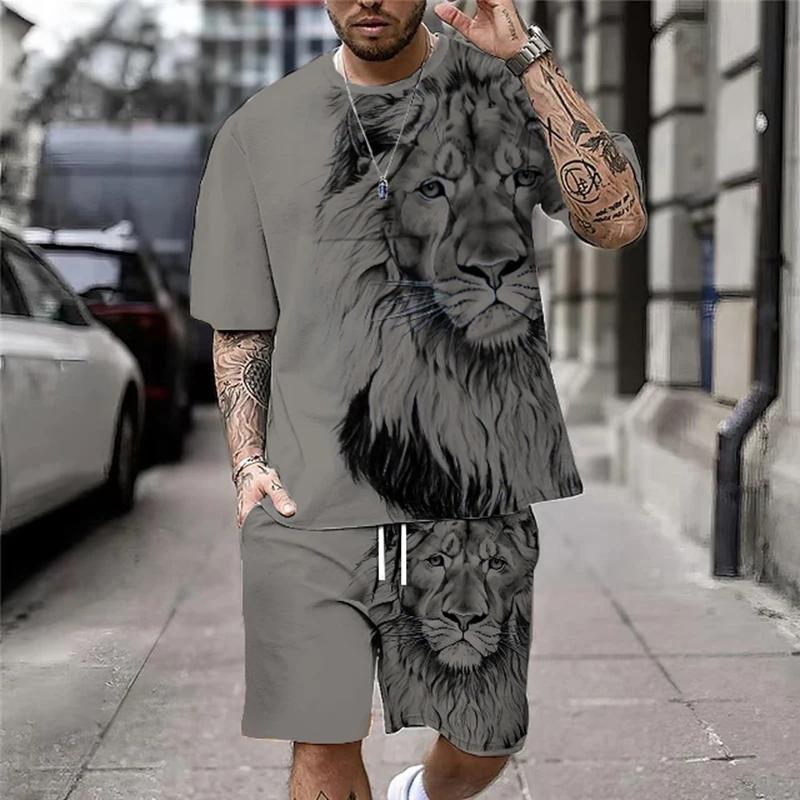 Set T-shirt e pantaloncini da uomo taglie forti con stampa 3D di leone, cool, per sport, fitness, estate, street style, oversize, grafico, 2 pezzi, abbigliamento da uomo