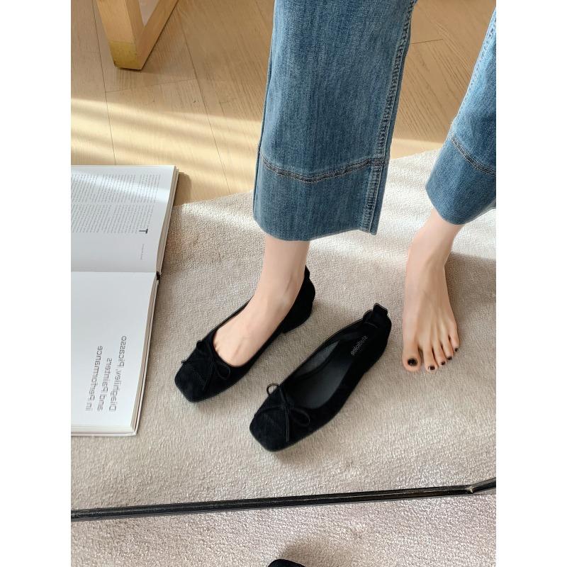 Sheepskin Temperament Square Head Shallow Mouth Bow Small Thick Heel Versatile Leopard Print Shoes Super Soft Single Shoes Women